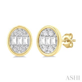 1/5 ctw Petite Bezel Set Oval Shape Fusion Baguette and Round Cut Diamond Fashion Stud Earring in 10K Yellow Gold